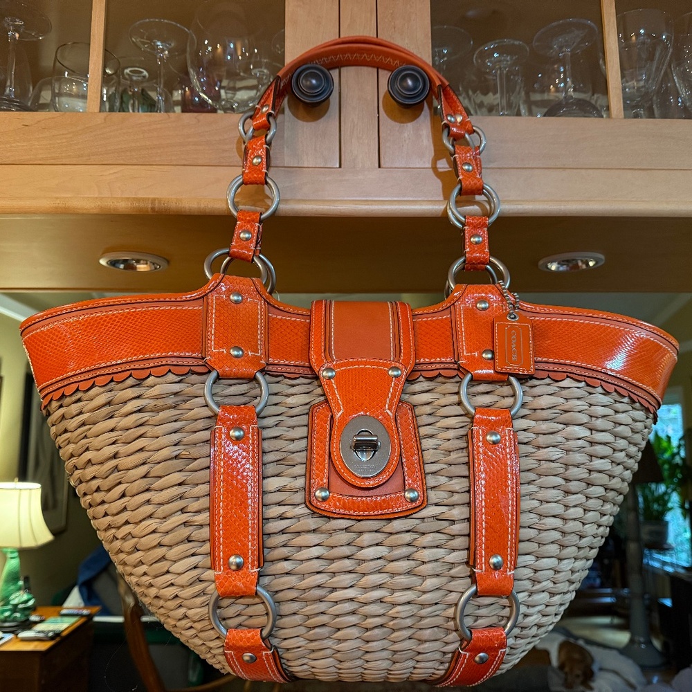 Coach Hampton Exotic Straw Satchel Tote
